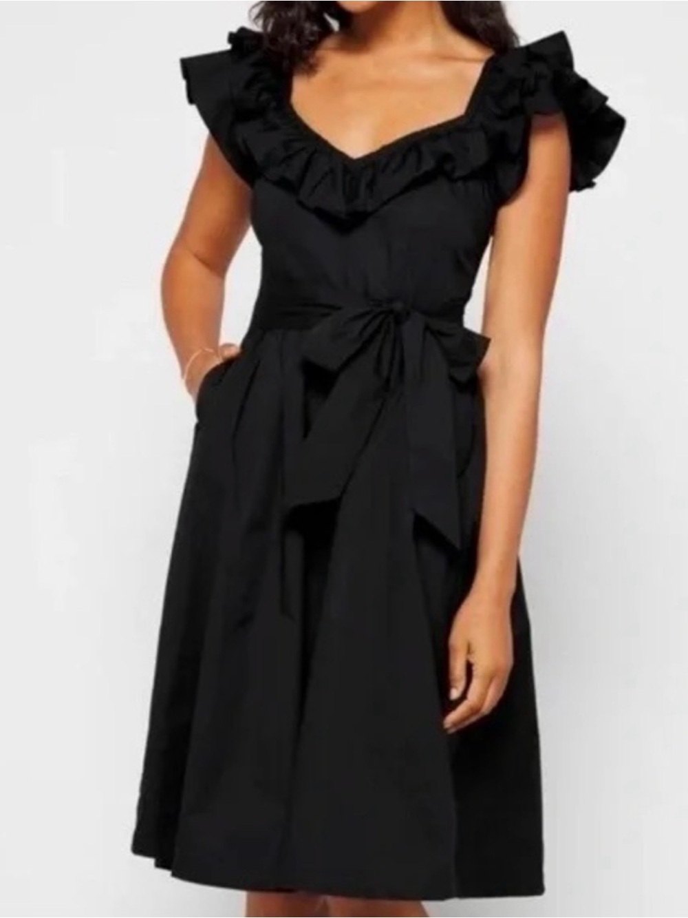 Hill House Black Ruffle V-Neck Tie-Waist Midi Dress